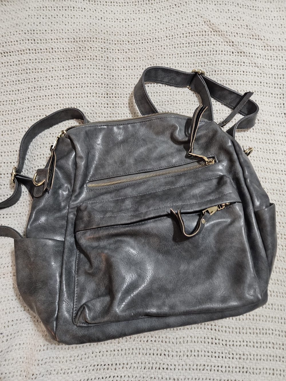 Convertible Gray Shoulder Bag with Gold Hardware